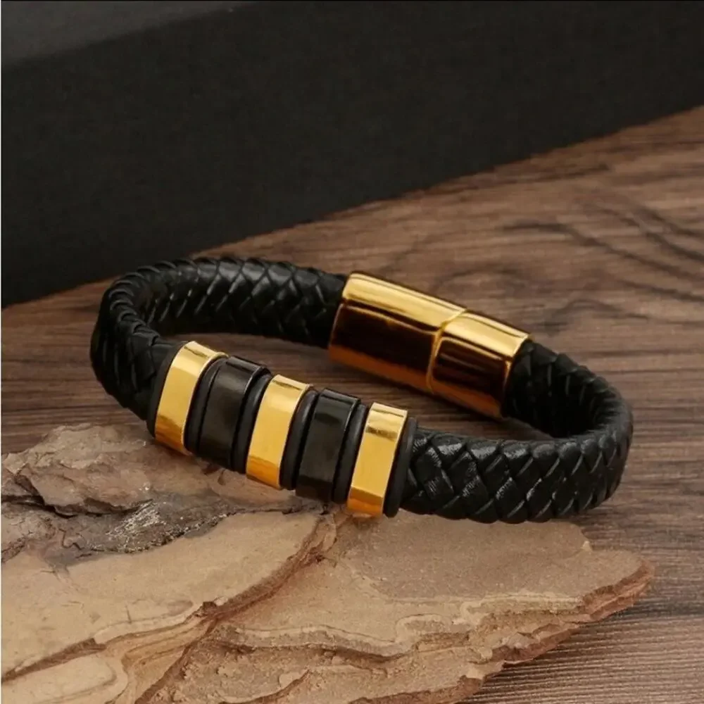 BLACK STAINLESS STEEL LEATHER BRACELET SILVER AND GOLD